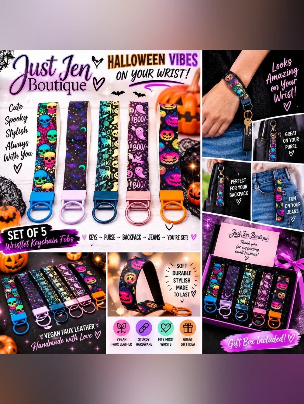 Halloween Wristlet Keychain Fobs Set of 5 Vegan Faux Leather Spooky Key Holders
